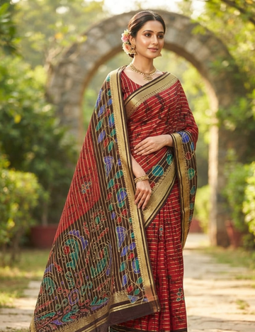 Red and Dark Brown Abstract Leaf Print Soft Silk Sari