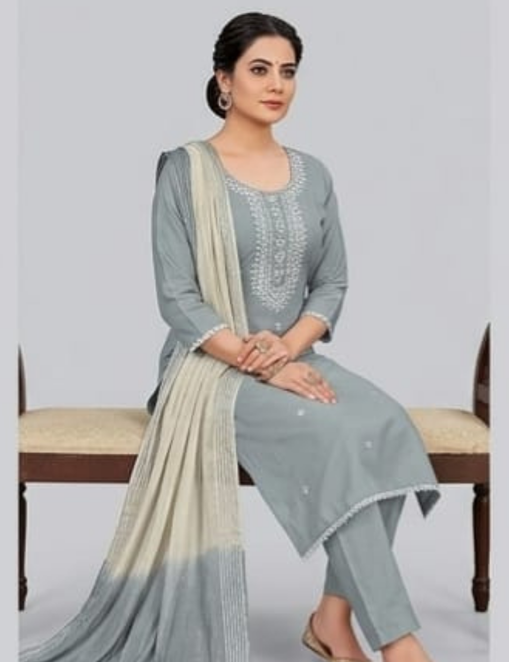 Slate Grey Embroidered Straight-Fit Kurta Set with Ombre Dupatta