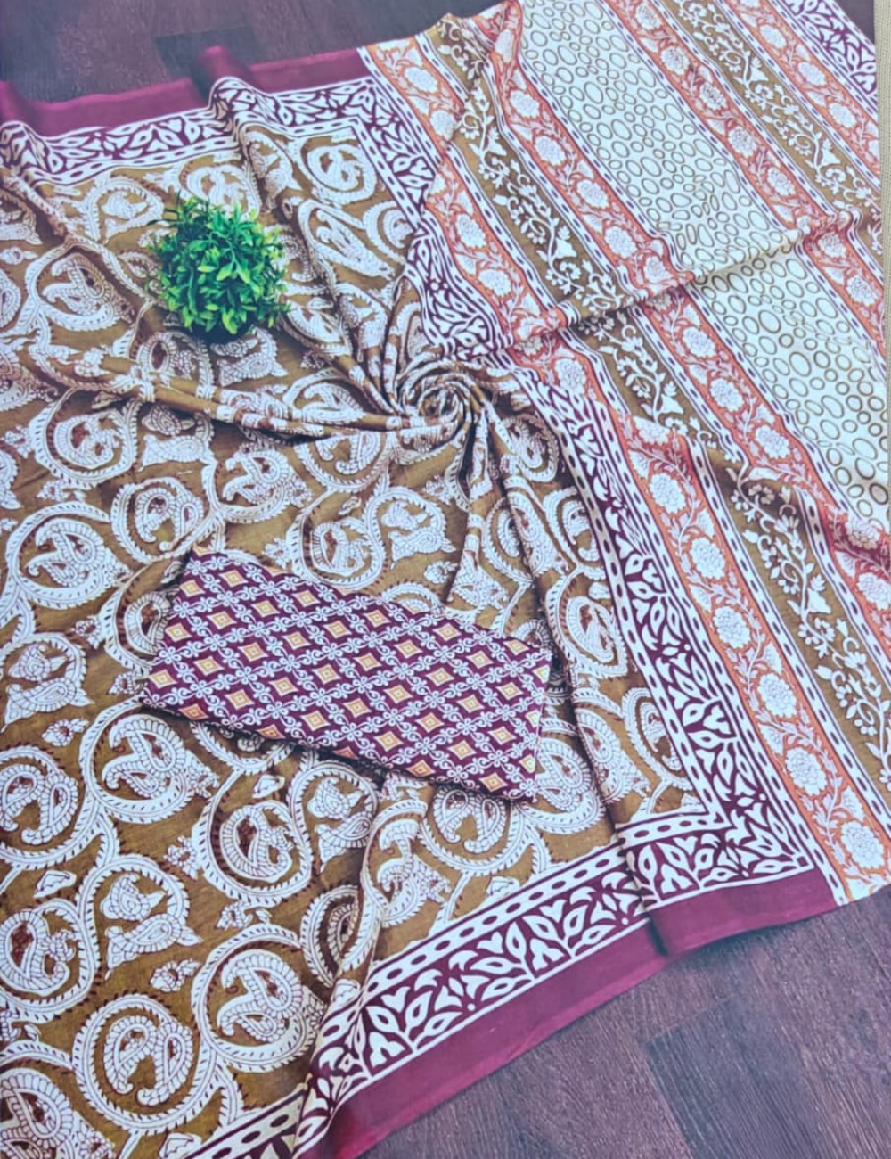 Earthy Paisley Cotton Saree with Rose Pink Border