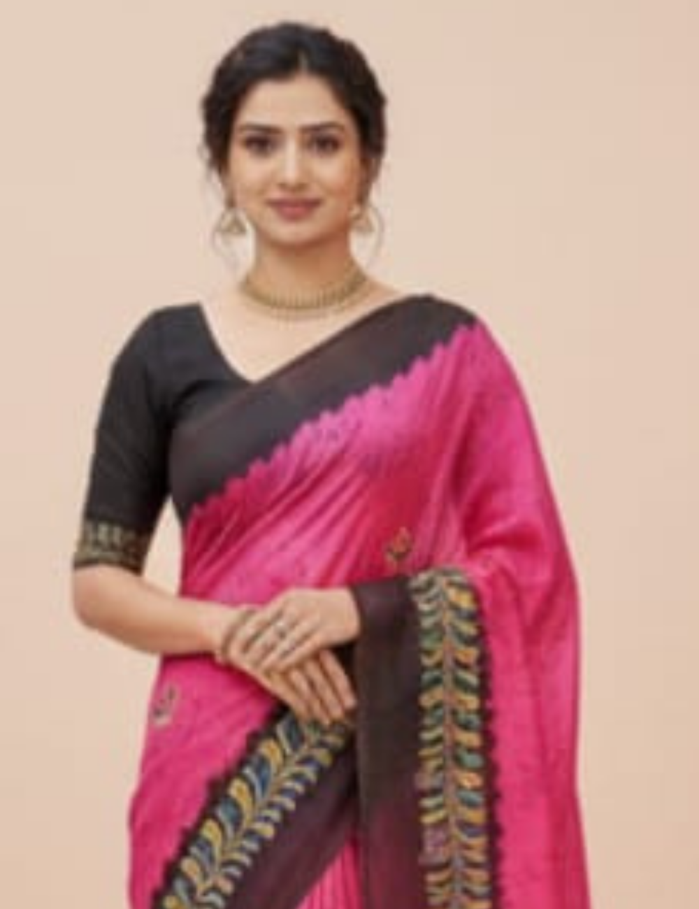 Pink & Charcoal Hand-Painted Dola Silk Saree