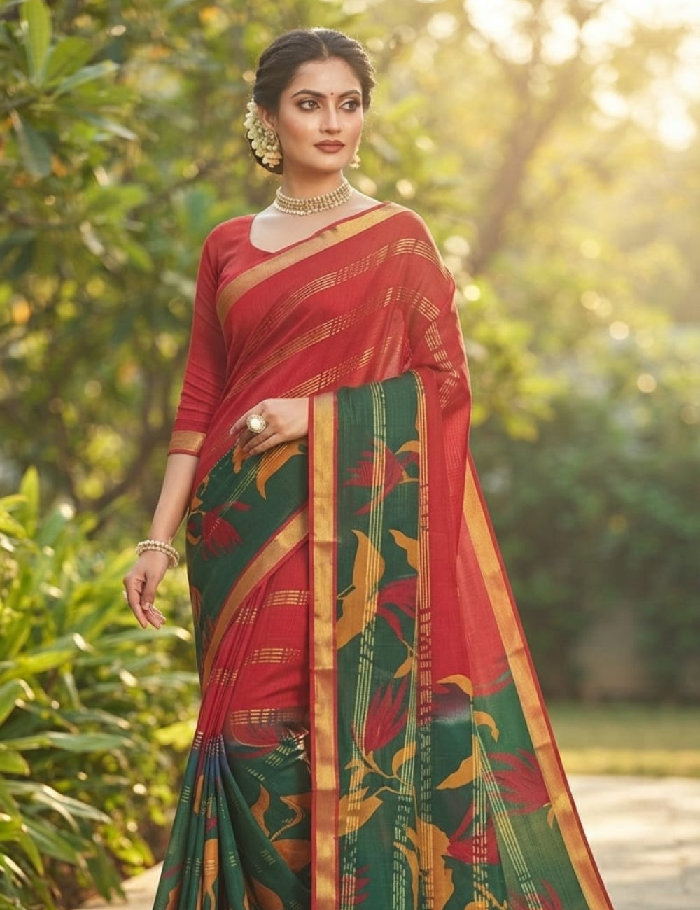 Teal and Pink Cotton Sari with Large Abstract Motifs and Metallic Stripes