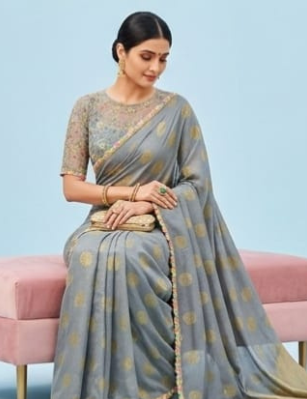 Grey Color Fancy Saree with Elegant Gold Prints & Multicolor Crochet Lace Border