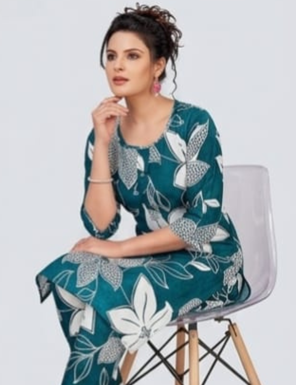 Elegant Teal Floral Printed Cotton Kurta Set