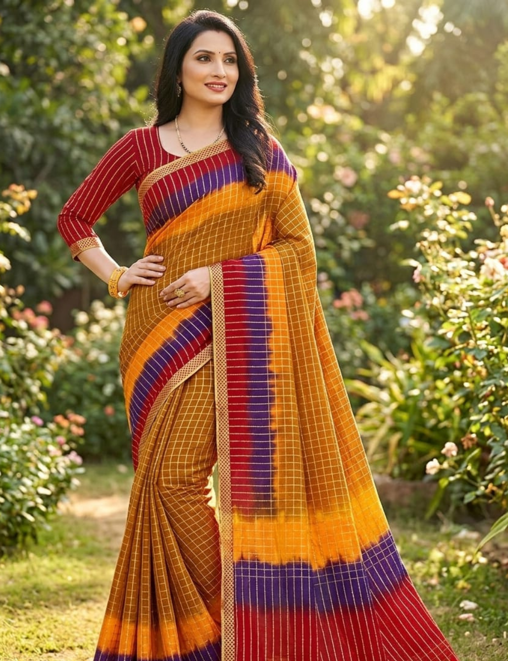 Radiant Shaded Checkered Silk Saree