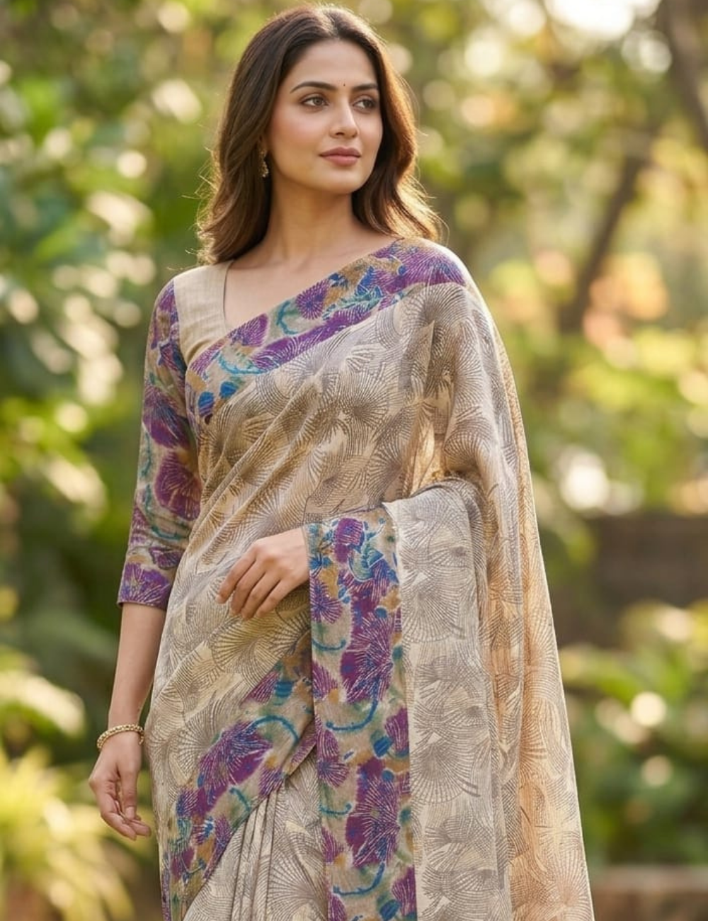 Abstract Flora Silk Saree with Graphic Fan Prints & Vibrant Border