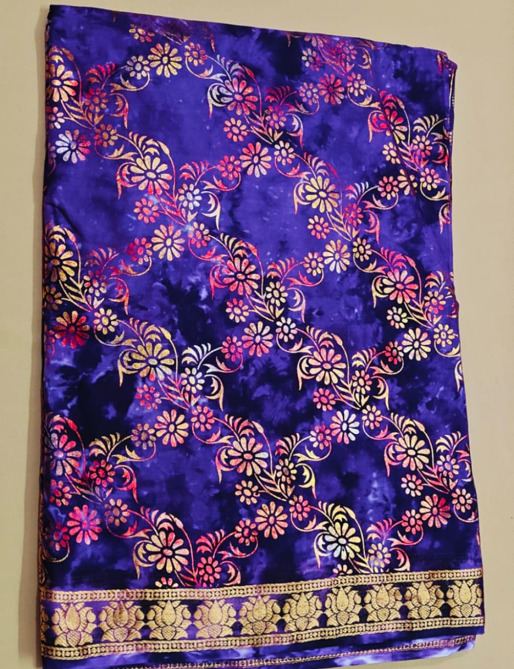 Purple and Gold Foil Print Sari