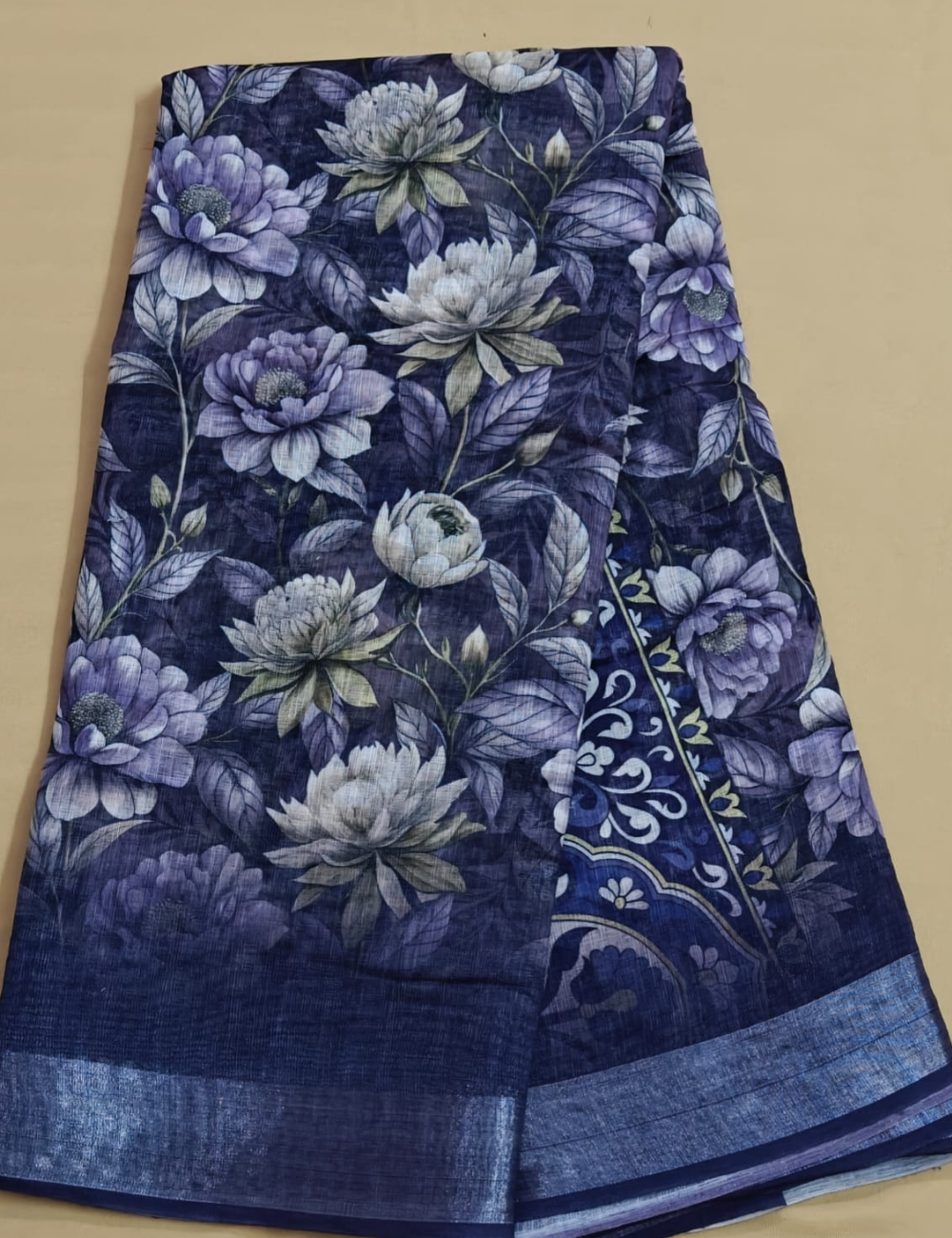 Indigo and Violet Floral Fancy Cotton Saree with Silver Zari Border