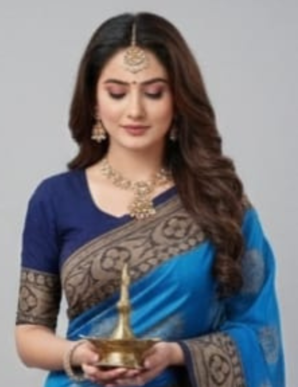 Royal Blue Cotton Silk Saree with Elegant Motifs & Contrast Border