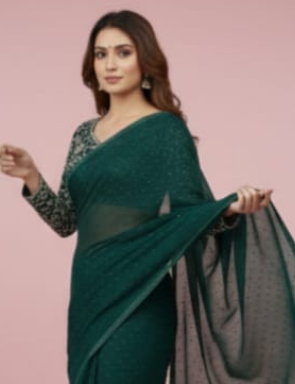 Elegant Deep Green Embroidered Saree with Tassel Detailing