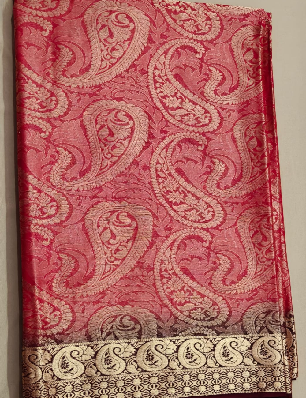 Elegant Crimson and Gold Paisley Brocade Sari