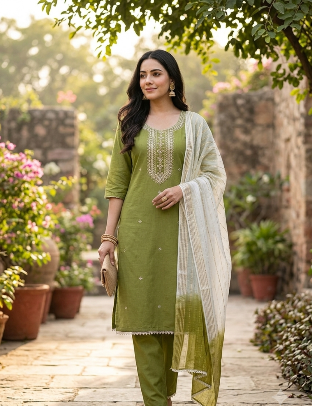 Elegant Mauve-Pink Embroidered Straight Kurta Set with Ombre Dupatta