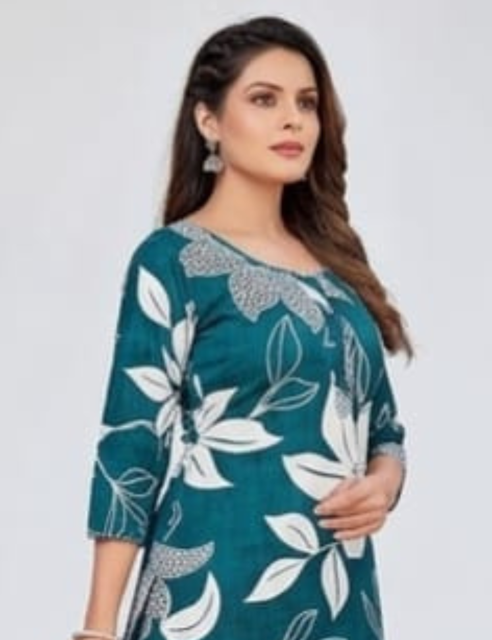 Elegant Teal Floral Printed Cotton Kurta Set