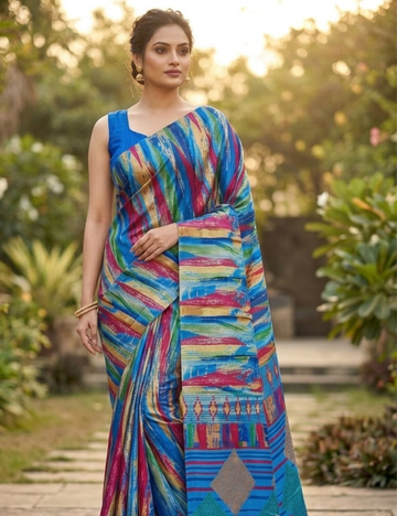 Electric Blue & Metallic Gold Abstract Silk Saree with Avant-Garde Brushstroke Motifs