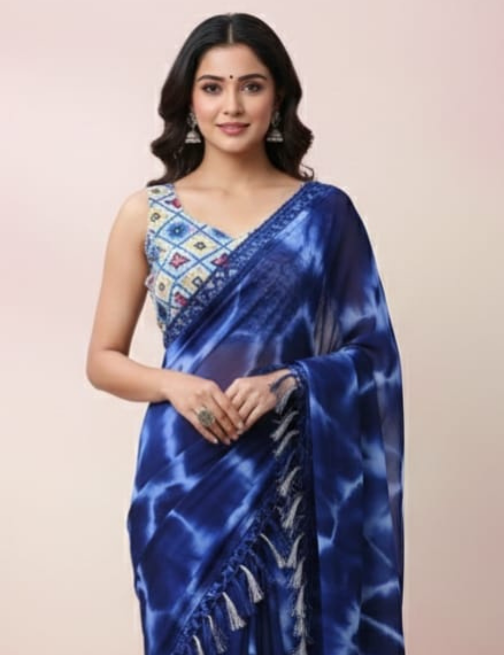 Trendy Tie-Dye Blue Saree with Designer Tassel Border