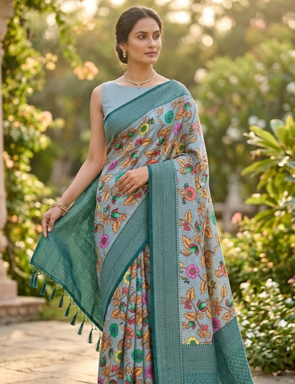 Elegant Teal Border Floral Print Tissue Silk Saree