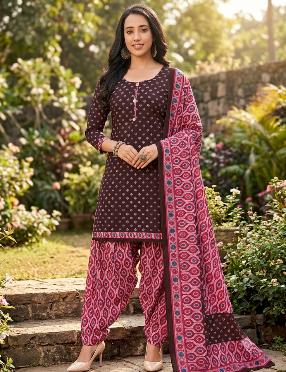 Elegant Deep Plum Patiala Kurta Suit with Geo-Print Accents