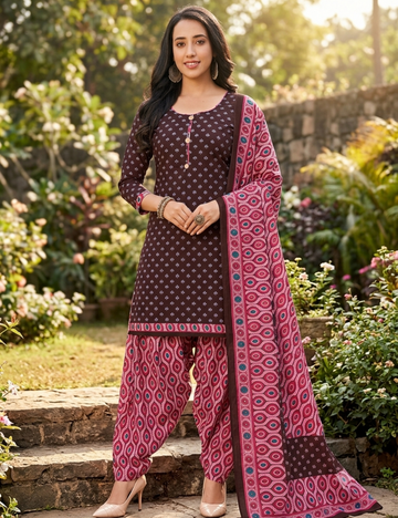 Elegant Deep Plum Patiala Kurta Suit with Geo-Print Accents