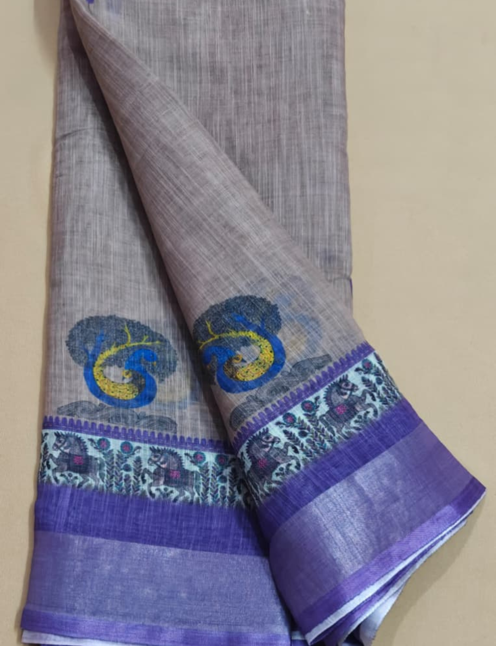 Linen Cotton Saree with Elegant Prints and Metallic Accents