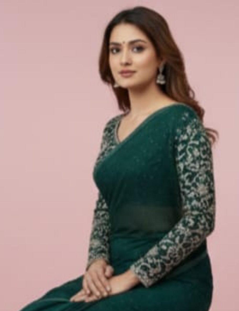 Elegant Deep Green Embroidered Saree with Tassel Detailing