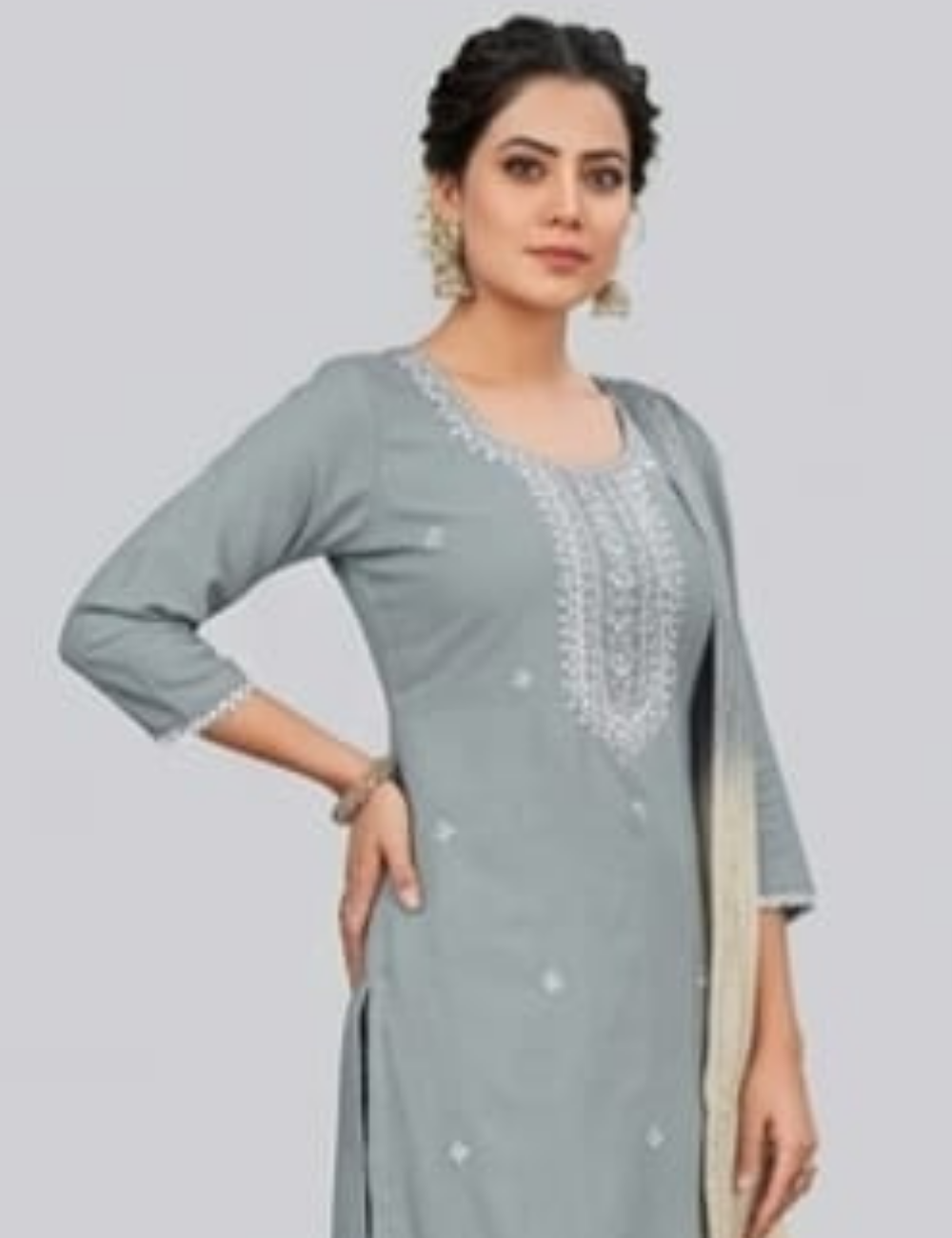 Slate Grey Embroidered Straight-Fit Kurta Set with Ombre Dupatta