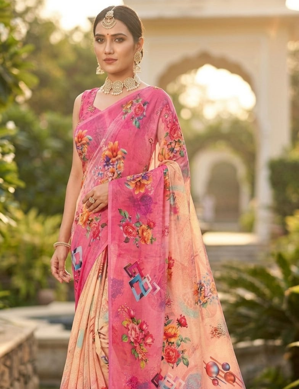 Blush & Magenta Rose Bouquet Georgette Saree with Watercolor Ombré Effect
