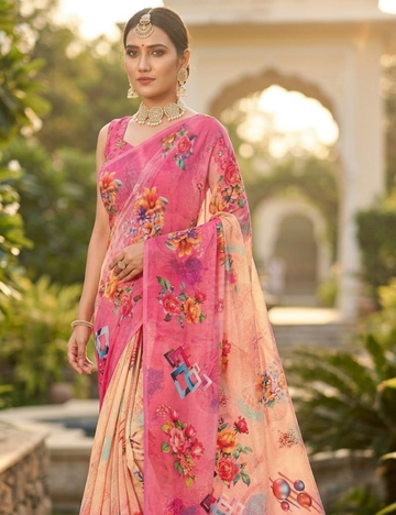 Blush & Magenta Rose Bouquet Georgette Saree with Watercolor Ombré Effect