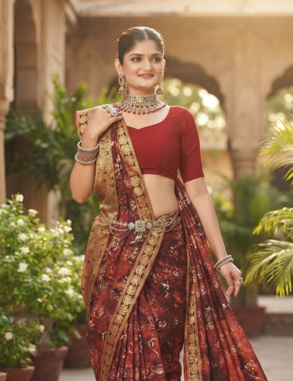 Exquisite Rust & Gold Foil-Printed Soft Cotton Sari