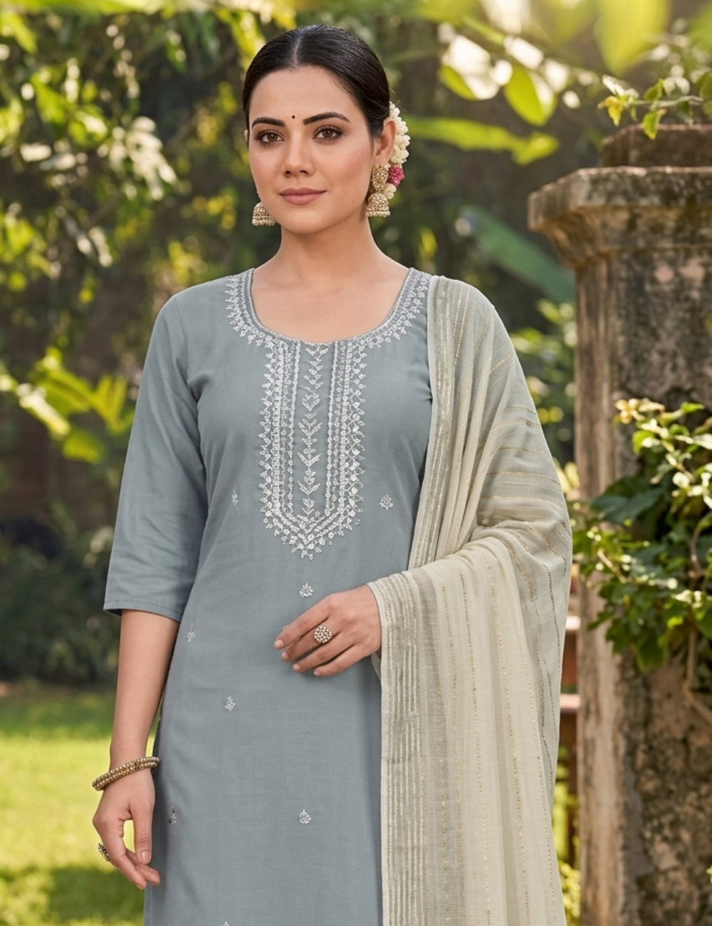 Elegant Mauve-Pink Embroidered Straight Kurta Set with Ombre Dupatta