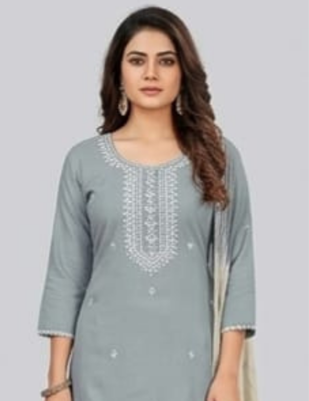 Slate Grey Embroidered Straight-Fit Kurta Set with Ombre Dupatta