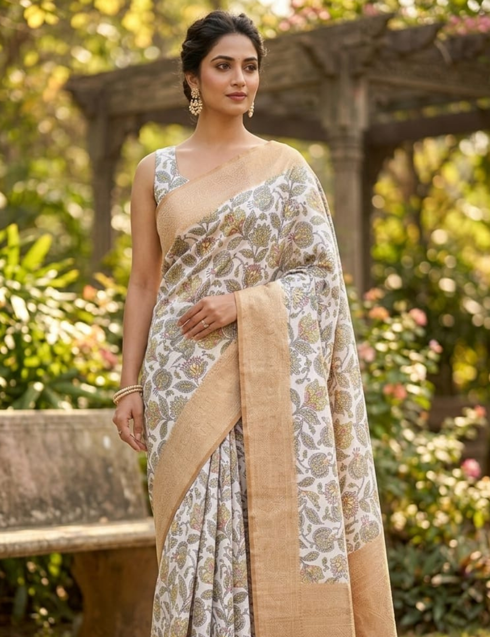 Golden Bloom Floral Tissue Silk Saree