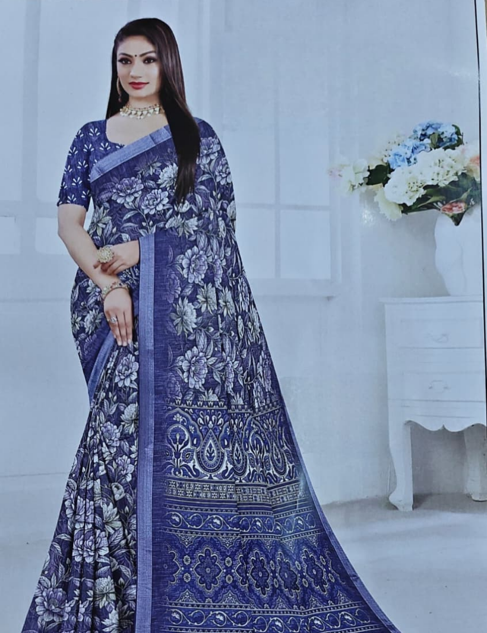 Elegant Floral Digital Print Fancy Cotton Saree
