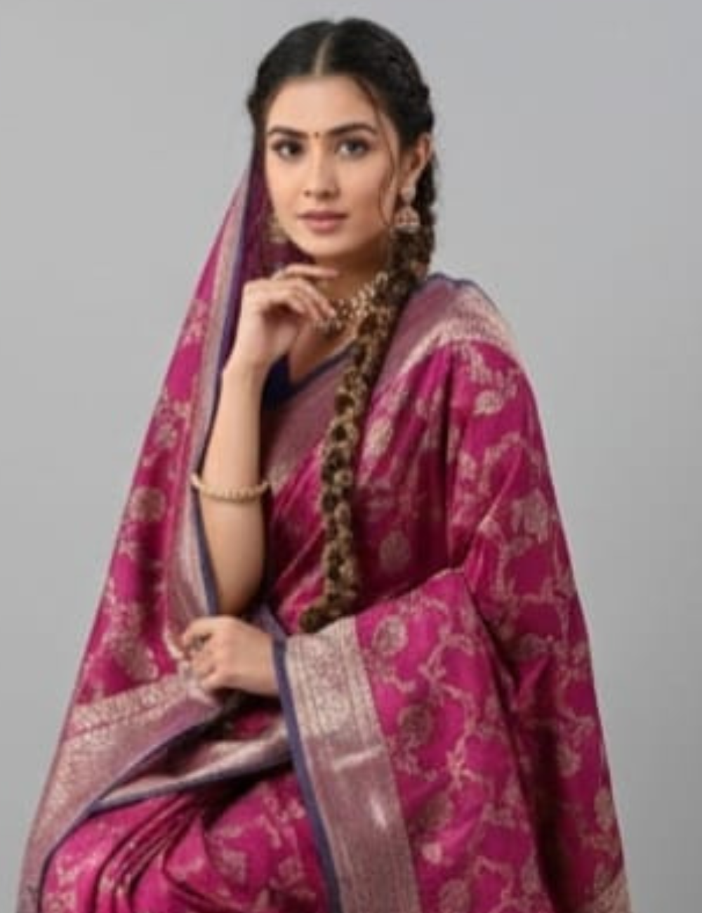 Magenta Silk Blend Saree with Antique Gold Floral Weaving & Royal Blue Contrast Border