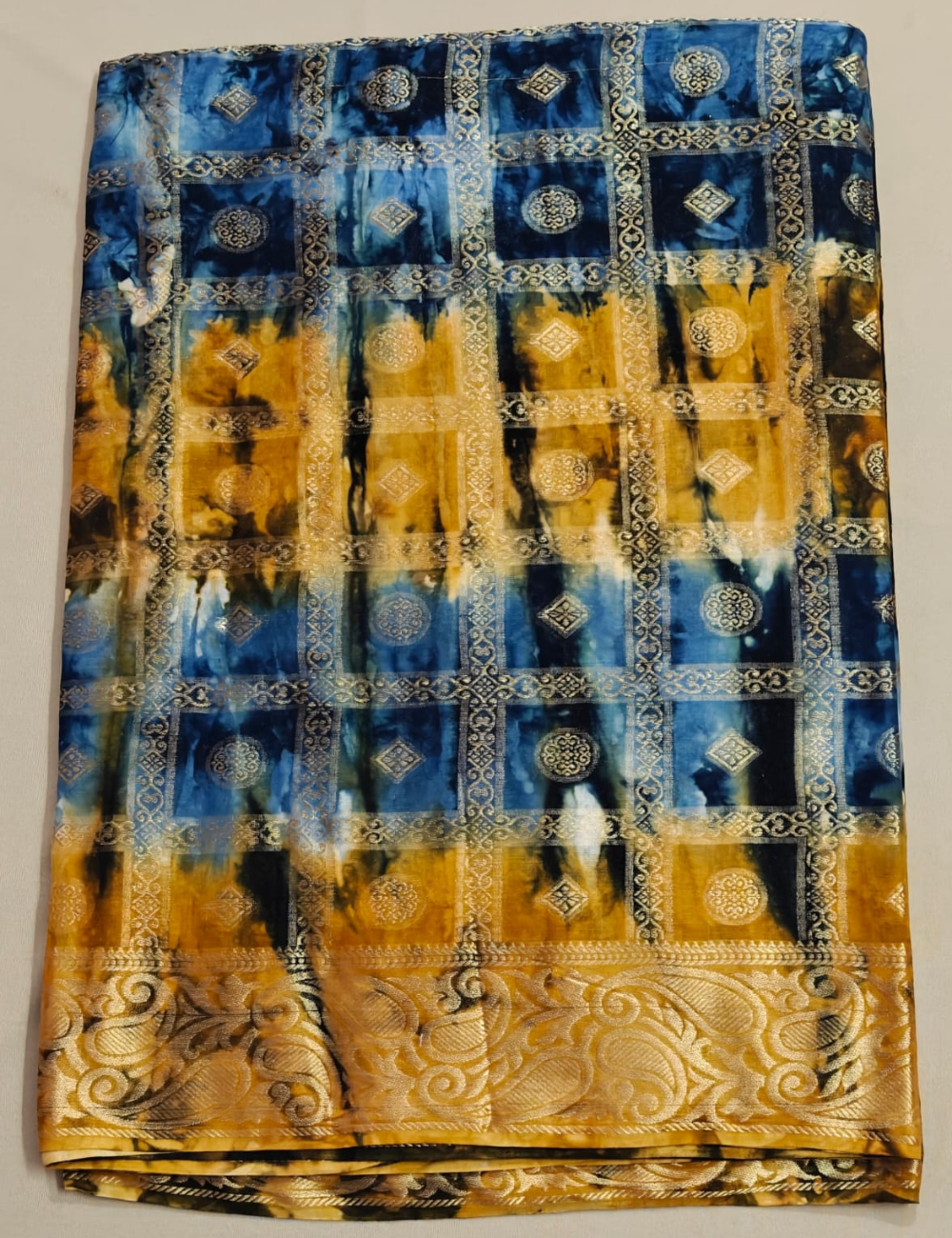 Blue and Yellow Multi-Tone Grid Zari Sari
