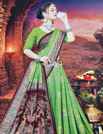 Vibrant Green Traditional Motif Soft Cotton Saree