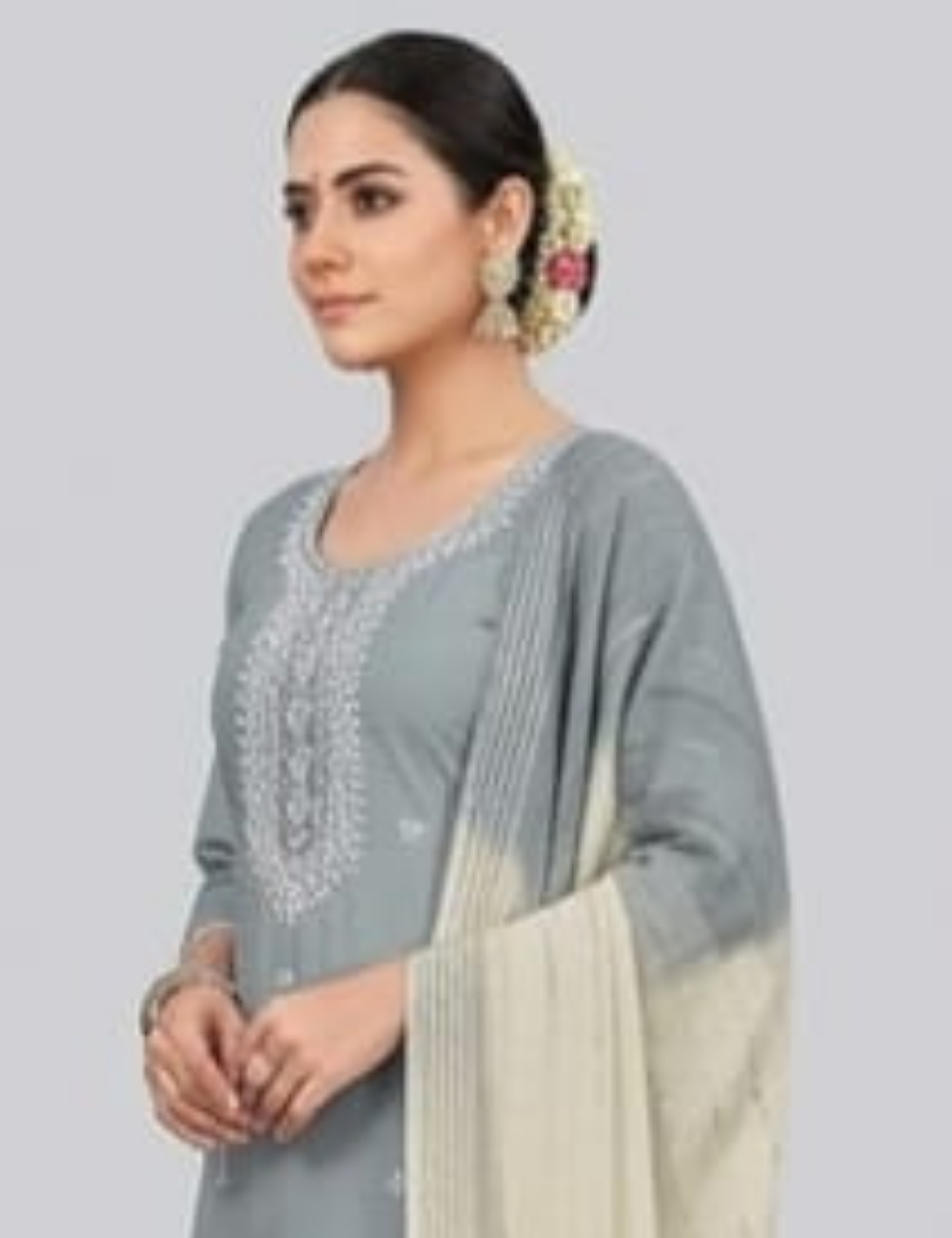 Slate Grey Embroidered Straight-Fit Kurta Set with Ombre Dupatta