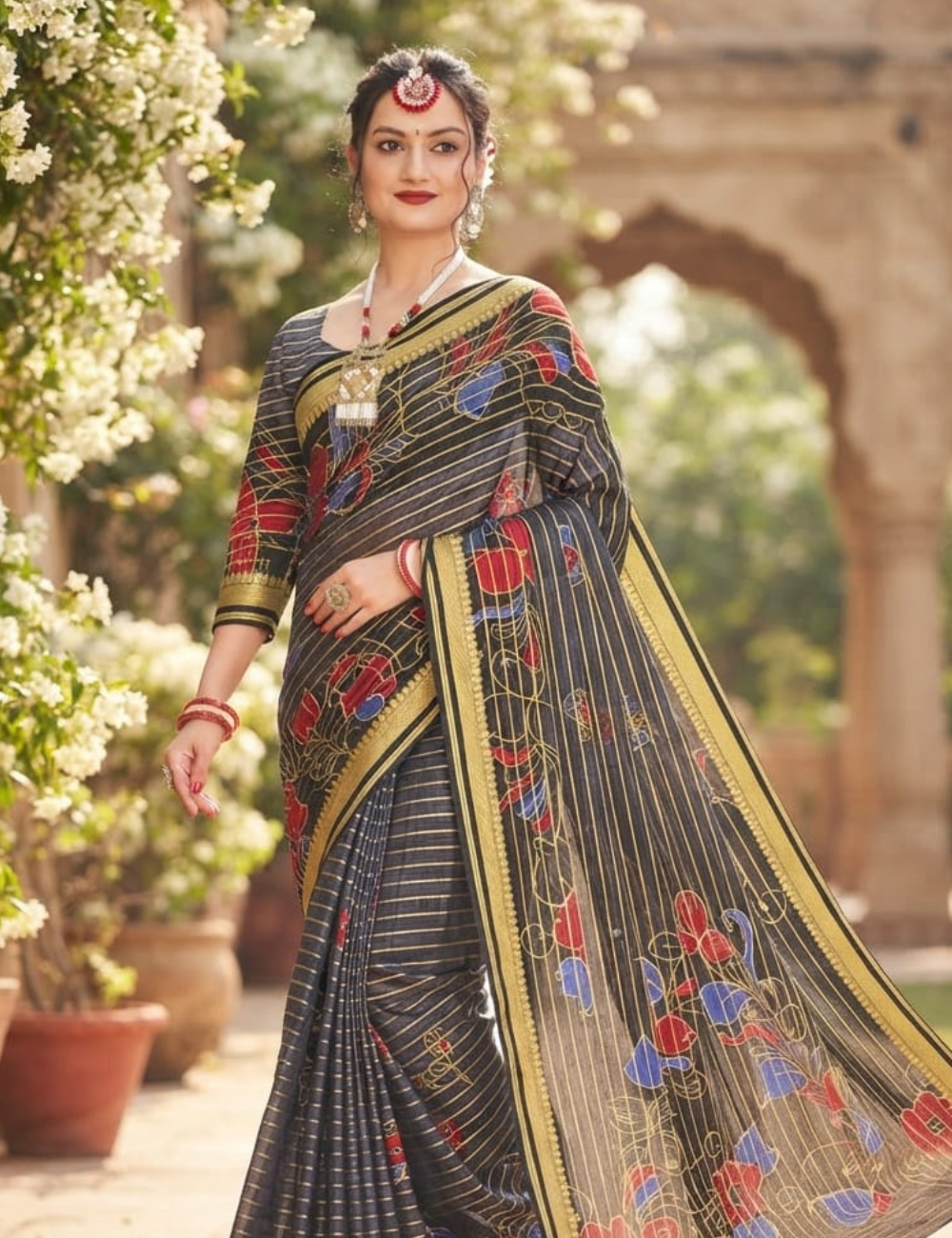 Navy Blue Soft Cotton Sari with Floral Motifs and Golden Stripes