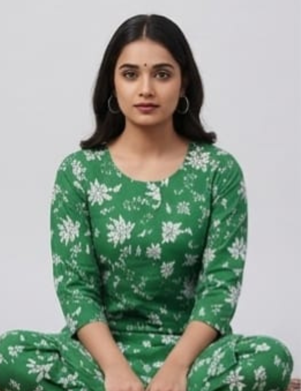 Elegant Green Floral Printed Cotton Kurta Set