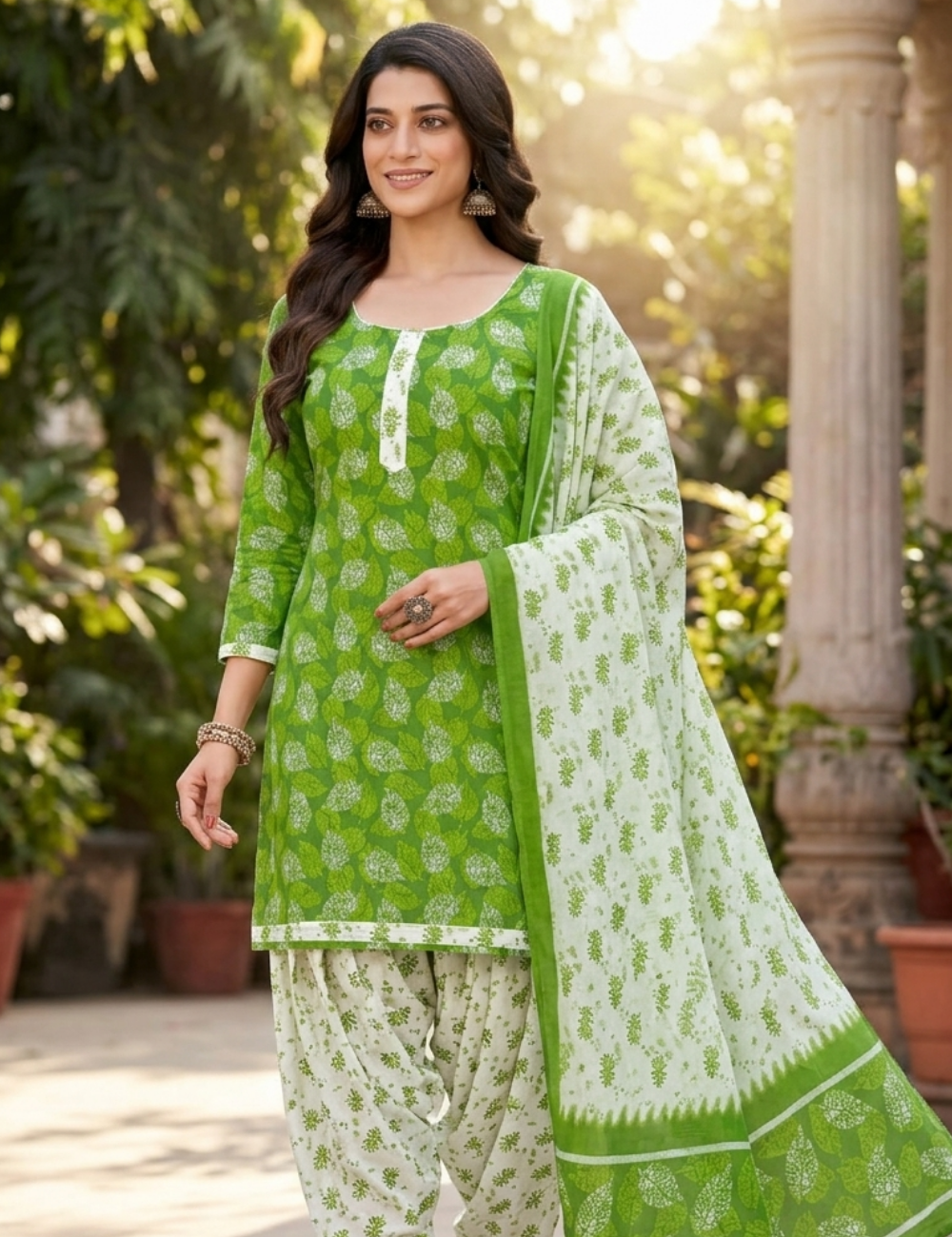 Vibrant Leaf Print Patiala Kurta Set with Dupatta