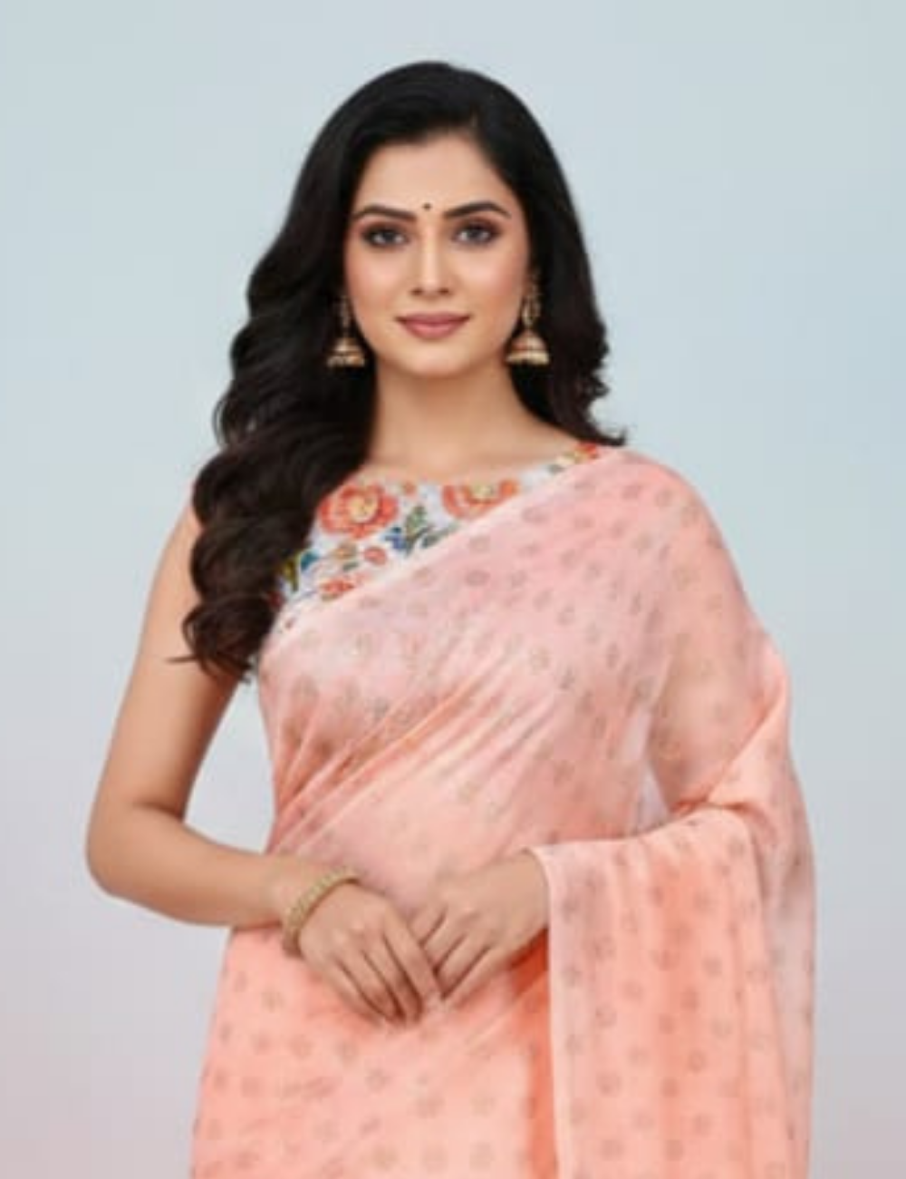 Elegant Peach Saree with Floral Printed Blouse