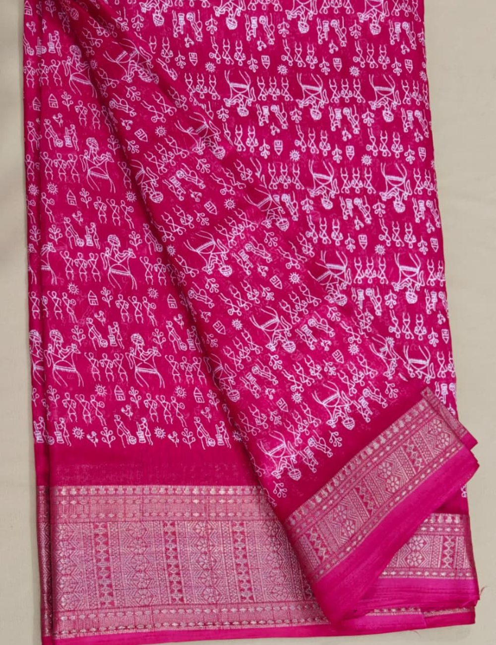 Magenta Silk Sari with Traditional Folk Print and Zari Border
