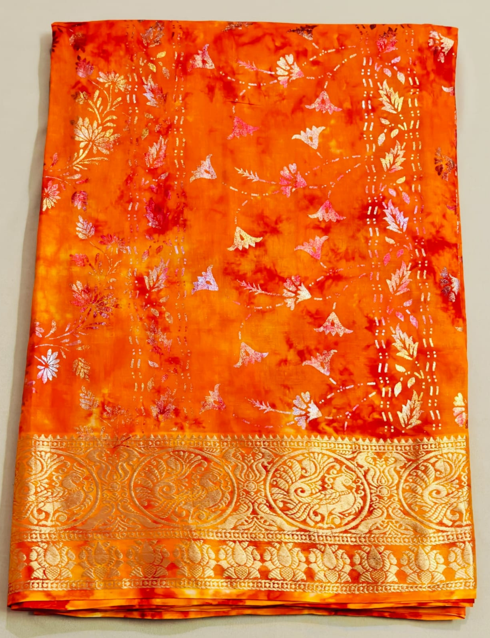 Radiant Orange Floral Zari Silk Sari