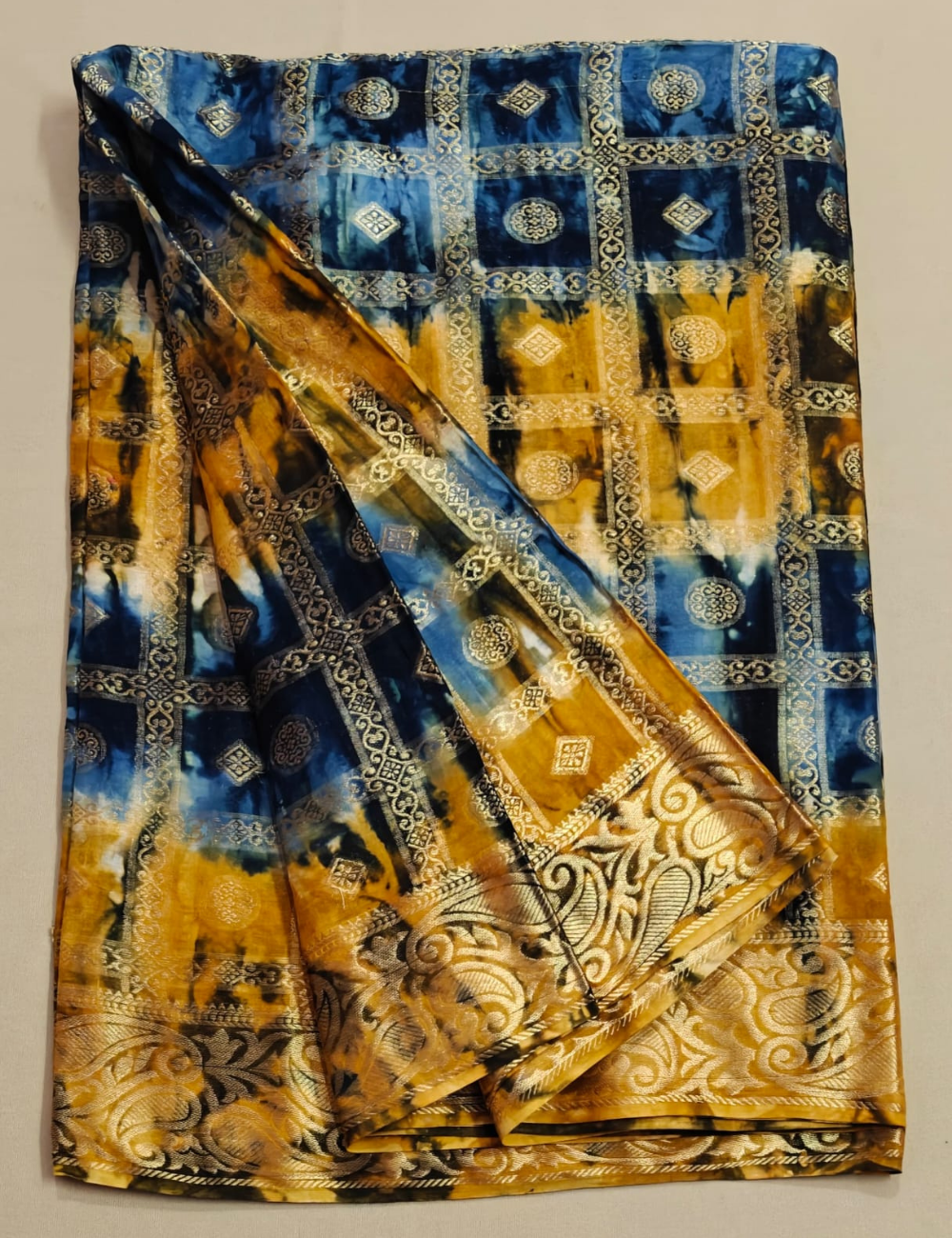 Blue and Yellow Multi-Tone Grid Zari Sari
