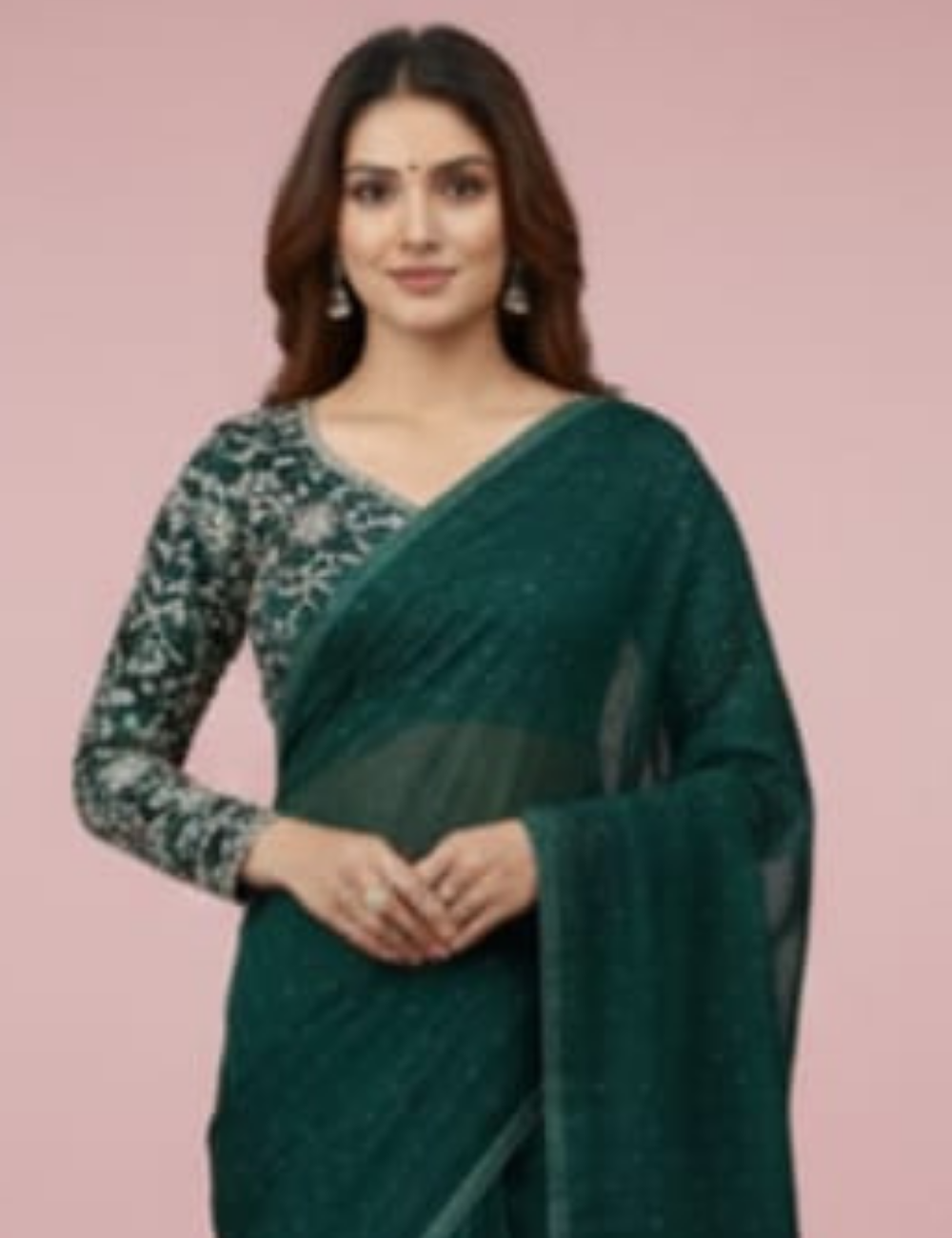 Elegant Deep Green Embroidered Saree with Tassel Detailing