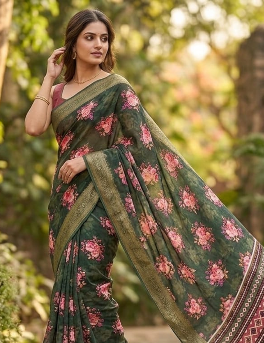 Elegant Dark Green Floral Printed Saree