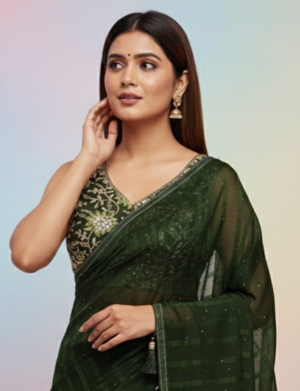 Elegant Dark Green Embroidered Saree with Tassel Detailing