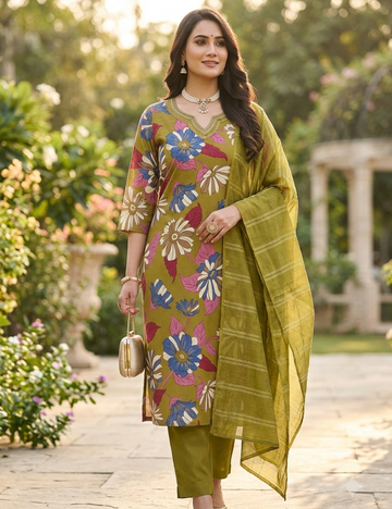 Olive Green Floral Printed Kurta Set with Elegant Dupatta