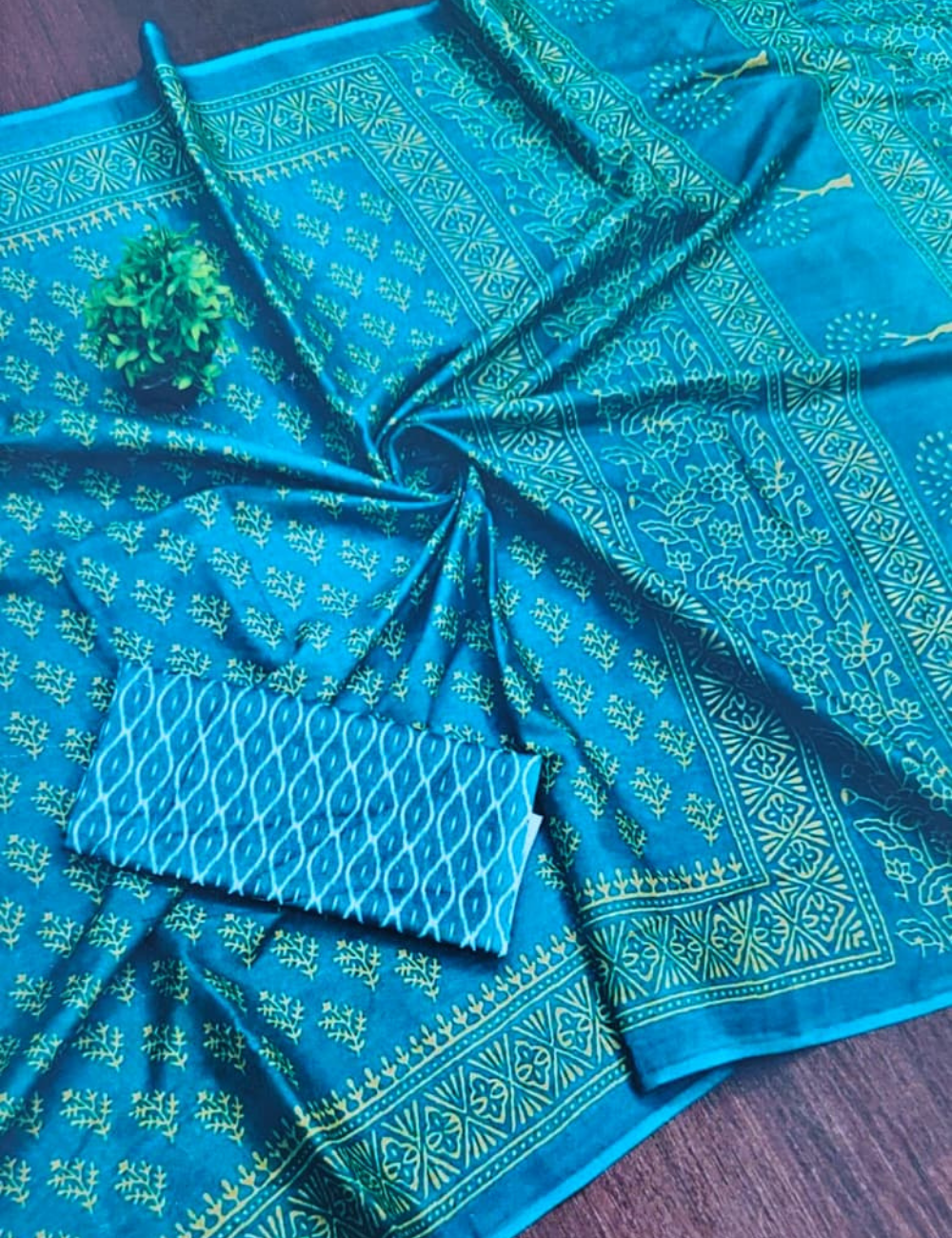 Azure Blue Hand Block Print Cotton Saree