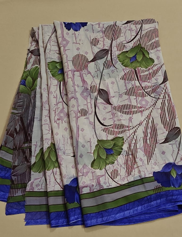 Elegant Cream Floral Printed Saree with Royal Blue Border