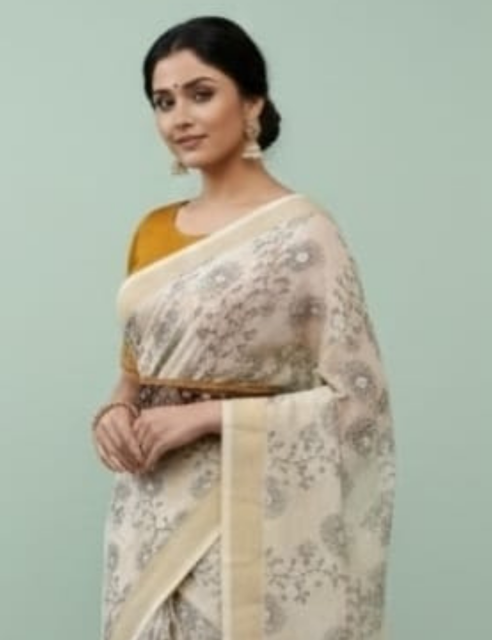 Cream Saree with Mustard Embroidered Blouse