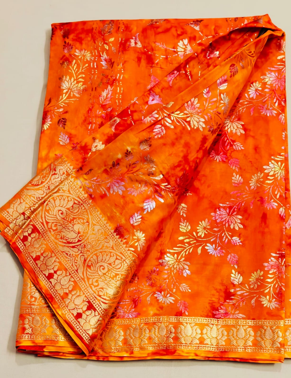Radiant Orange Floral Zari Silk Saree